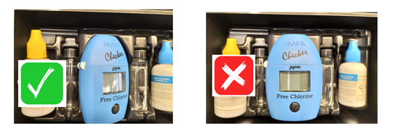 Comparación de cómo evitar el consumo excesivo de pilas en un medidor Hanna Checker de cloro libre: imagen con el uso correcto a la izquierda y el uso incorrecto a la derecha